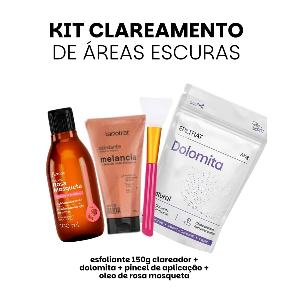 Kit dolomita + oleo rosa mosqueta farmax + pincel silicone + esfoliante 150g