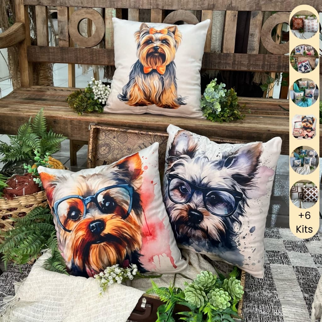 Kit com 3 Capas para Almofadas 45x45cm Decorativas em Veludo com Pet Cachorros para Sofá e Cama