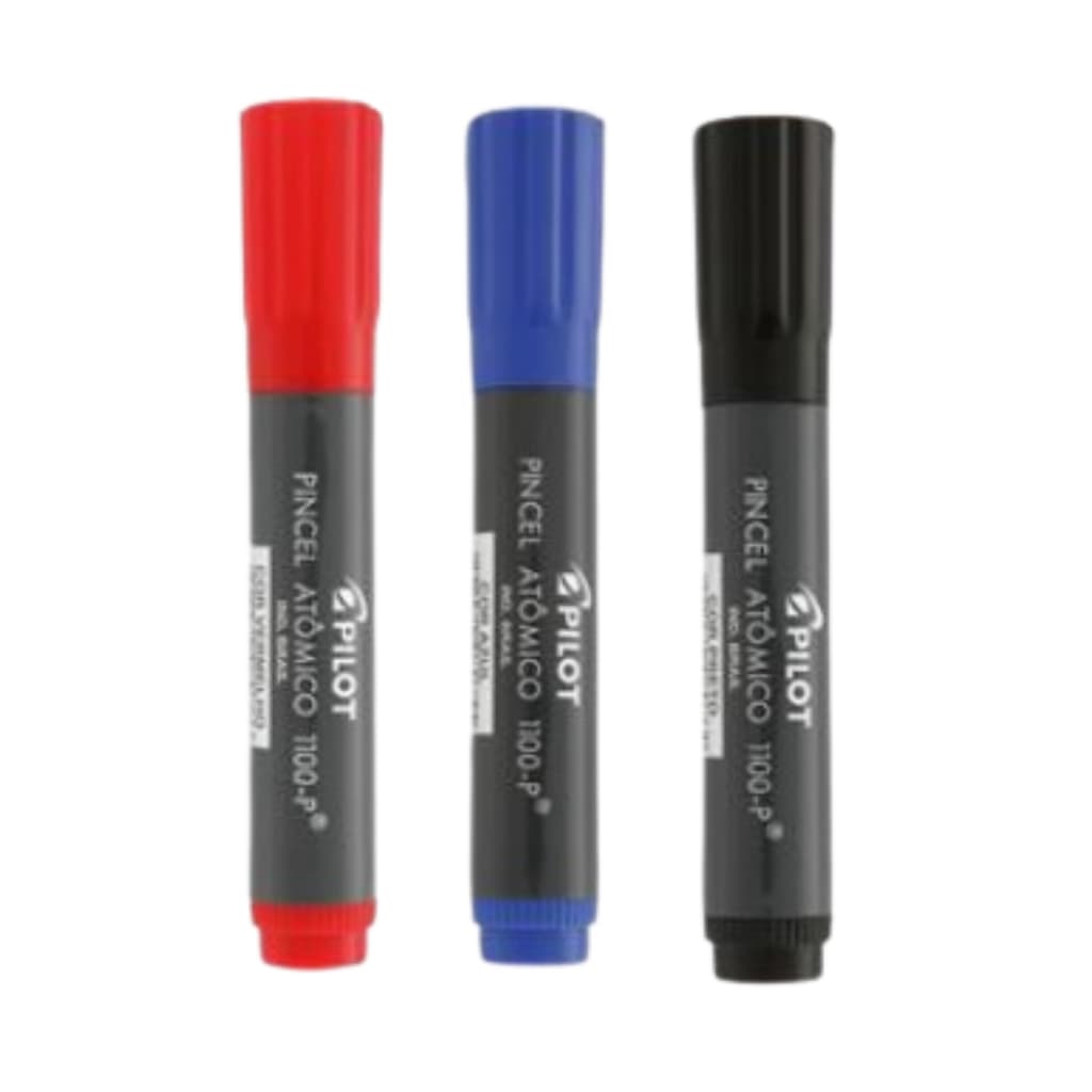 KIT 03 Marcadores Pincel Atômico 1100 Permanente Canetão Ponta Chanfrada Recarregável Pilot