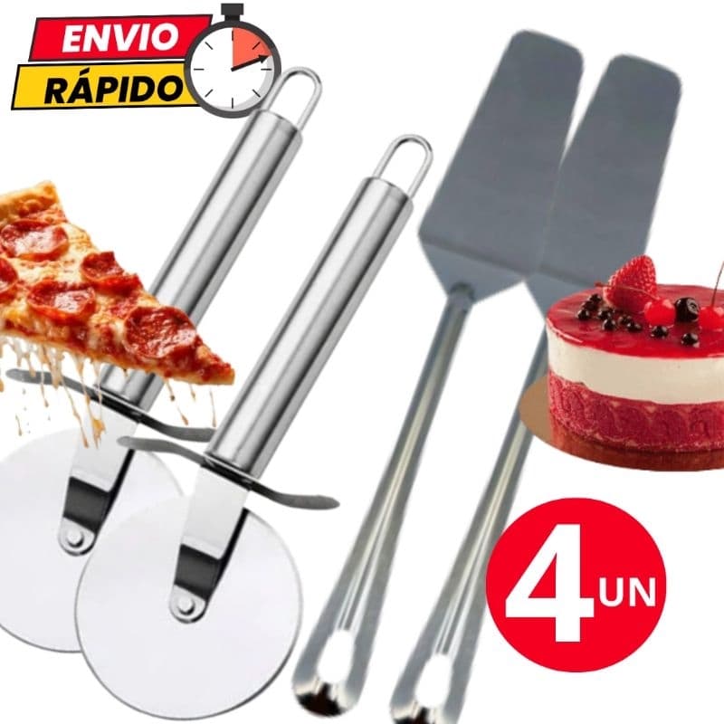 Kit 2 Cortador de Pizza 2 Espátula Para Bolo Torta de Aço Inox Para Casa Cozinha Pizzaria