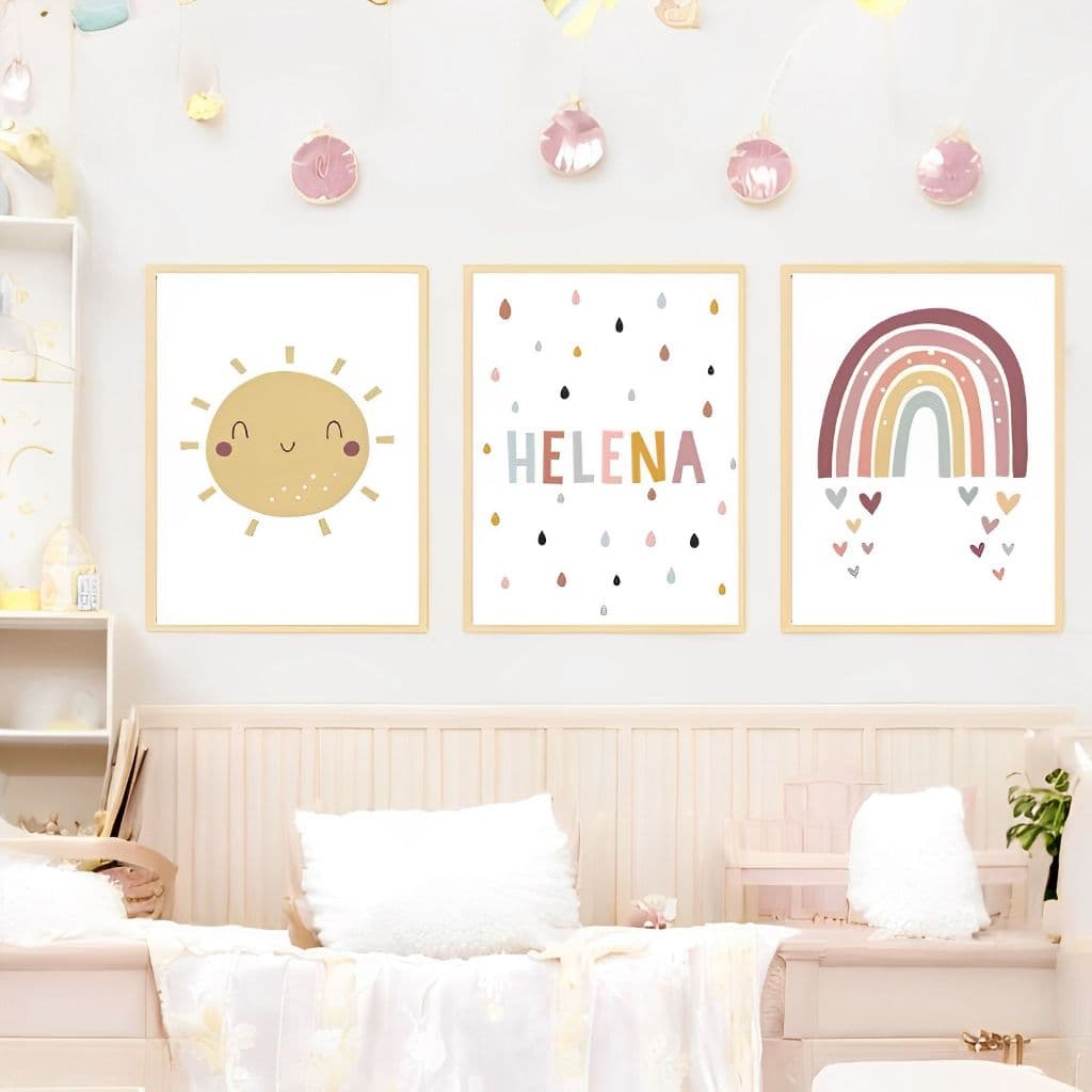 Quadros Infantil Boho Sol Arco Íris Quarto Criança Bebe Personalizado com Nome