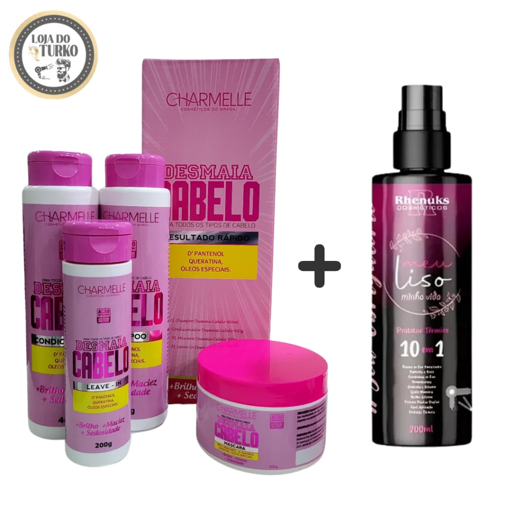 KIT PARA LISOS - KIT CAPILAR DESMAIA CABELO CHARMELLE + SPRAY TÉRMICO MEU LISO, MINHA VIDA RHENUKS