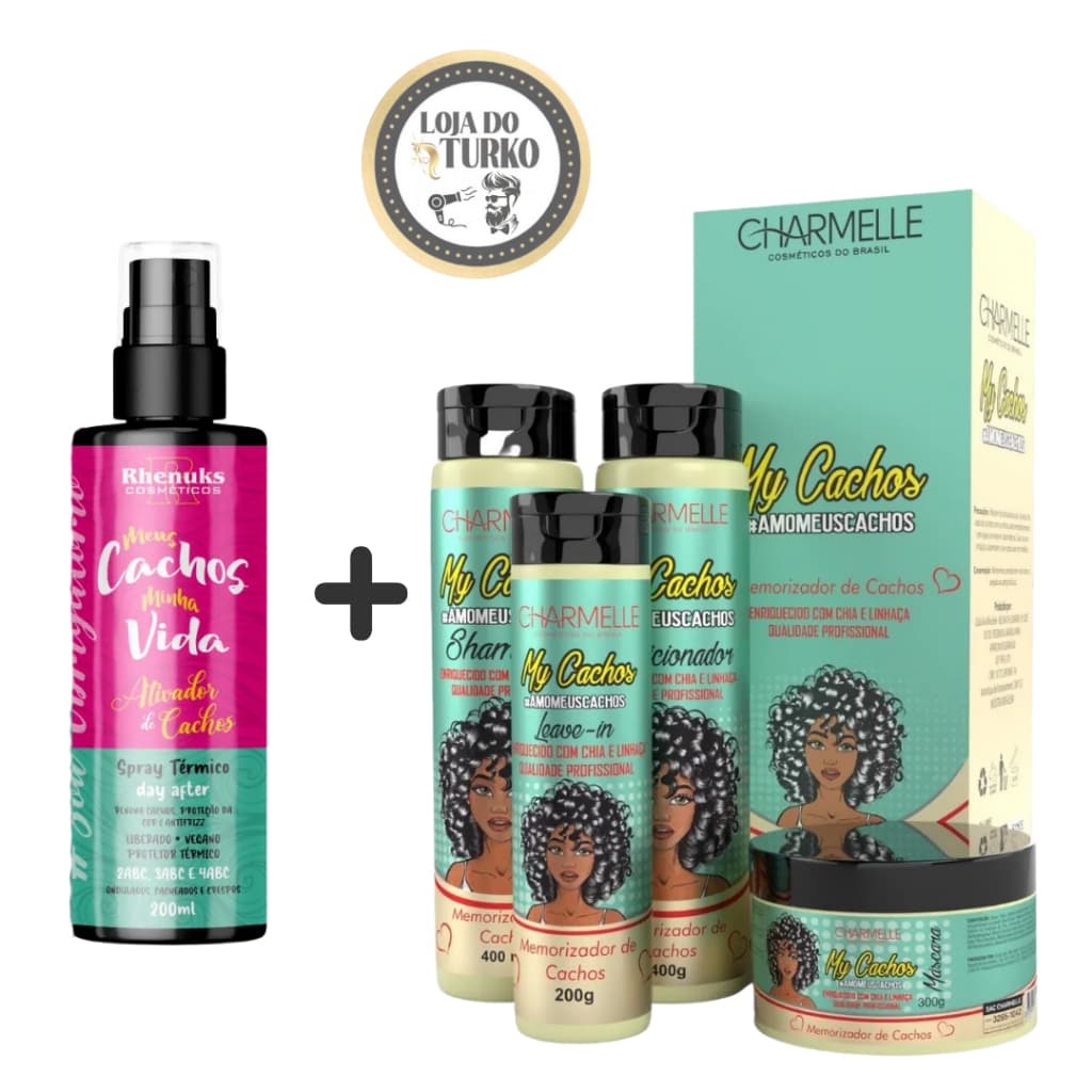 KIT CACHOS PERFEITOS: MY CACHOS CHARMELLE + SPRAY CAPILAR MEUS CACHOS, MINHA VIDA RHENUKS
