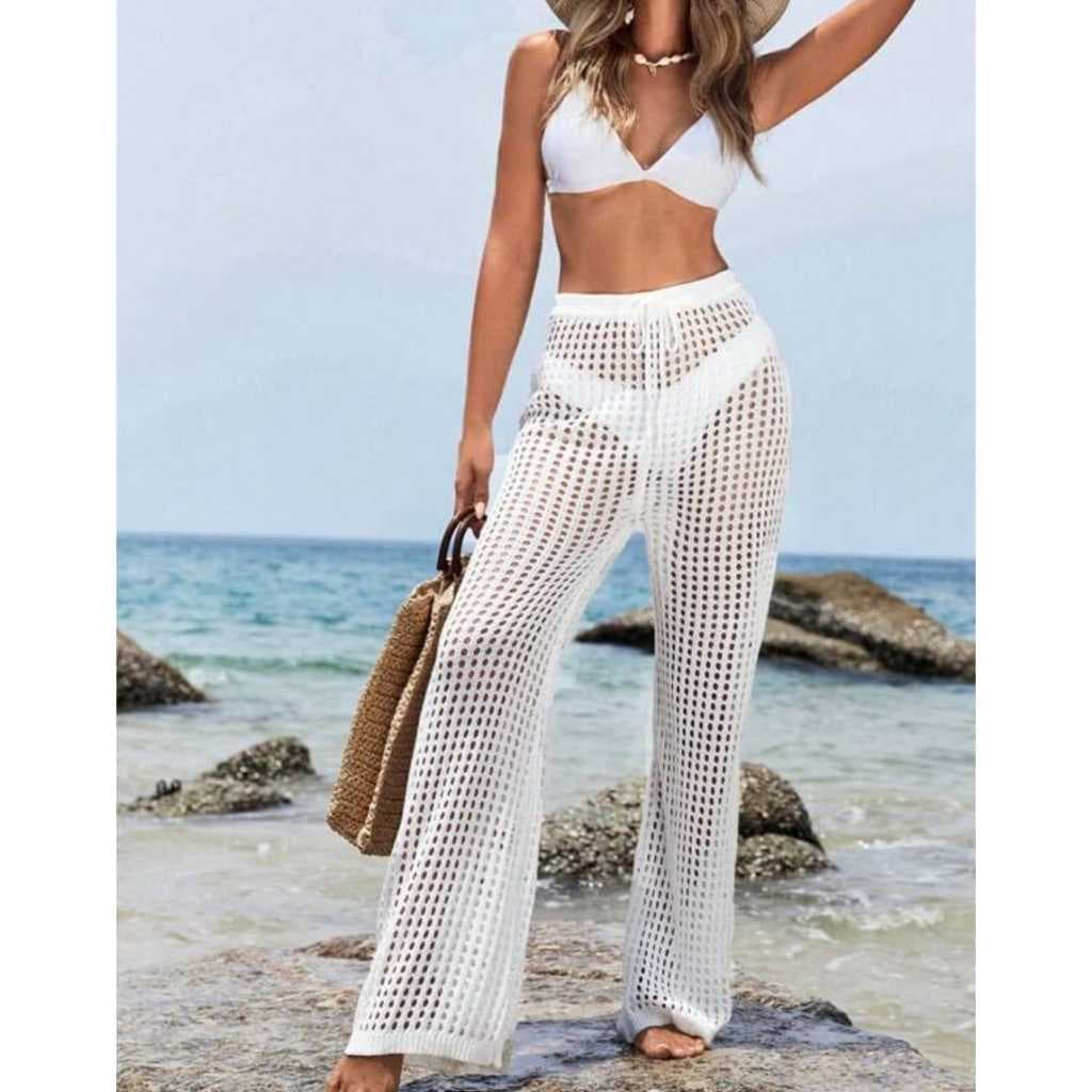 Calça Saída de praia Pantalona Tricot Crochê Moda Praia Verão Cordão de Ajuste Tendência 2025