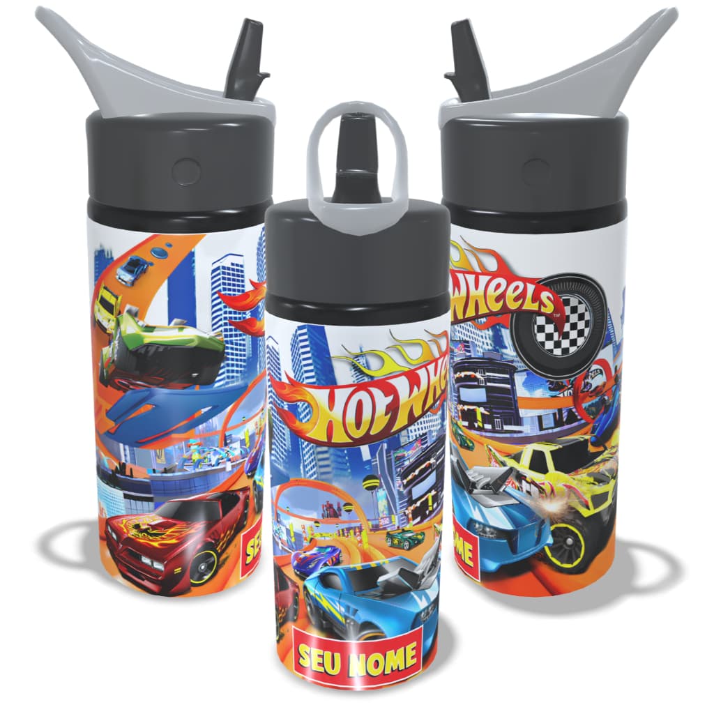 Garrafa Infantil De Alumínio Hotwheels Personalizada COM NOME 600ml