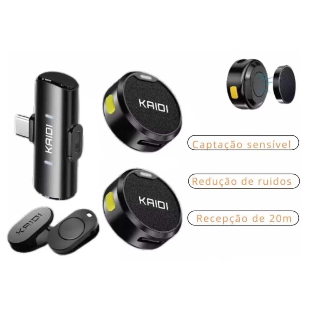 Microfone De Lapela Profissional KAIDI ORIGINAL Microfone Duplo Sem Fio Magnético 20 Metros Para Android/IPhone