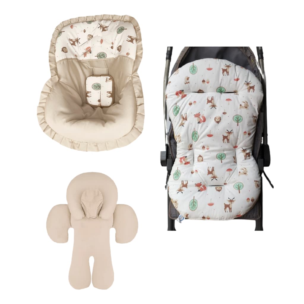Kit Capa de bebê conforto + Apoio Redutor + Colchonete p/ Carrinho + Protetor de cinto estampados