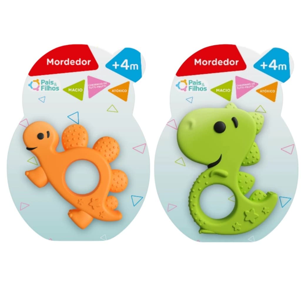 KIT 2  Mordedor para bebê macio dinossauro com texturas anatômicas cheirinho tutti frutti Atòxico +4meses PAIS E FILHOS