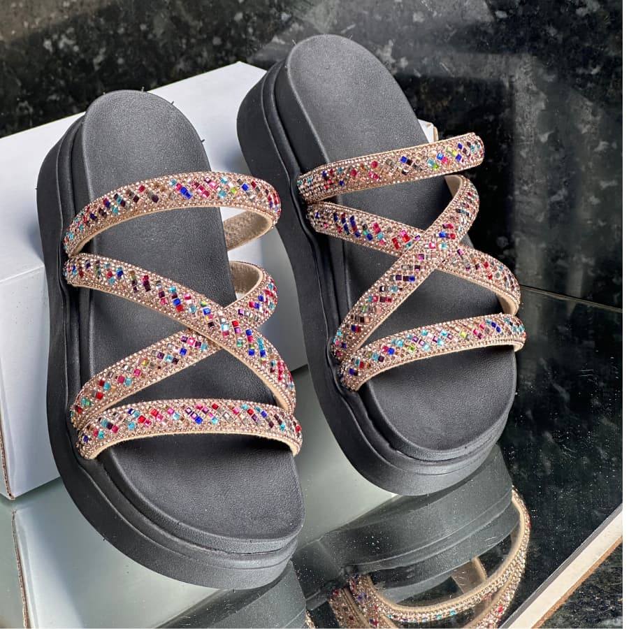sandália papete feminina 050 plataforma birken alta brilho strass ultra confortável luxo lançamento