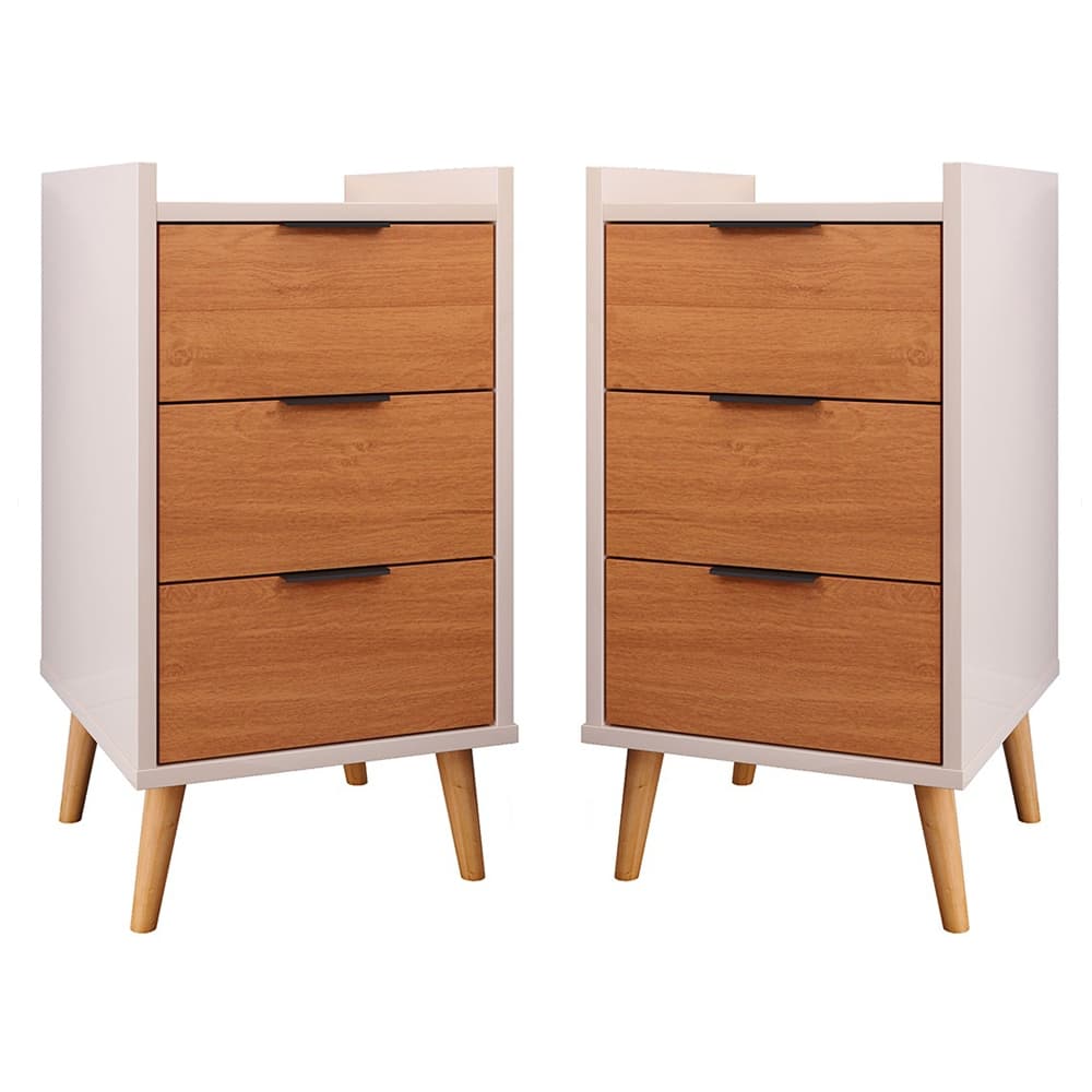 Mesa De Cabeceira Retrô Pés Palito 3 Gavetas Decoração Quarto -Toni Off White Com Cinamomo