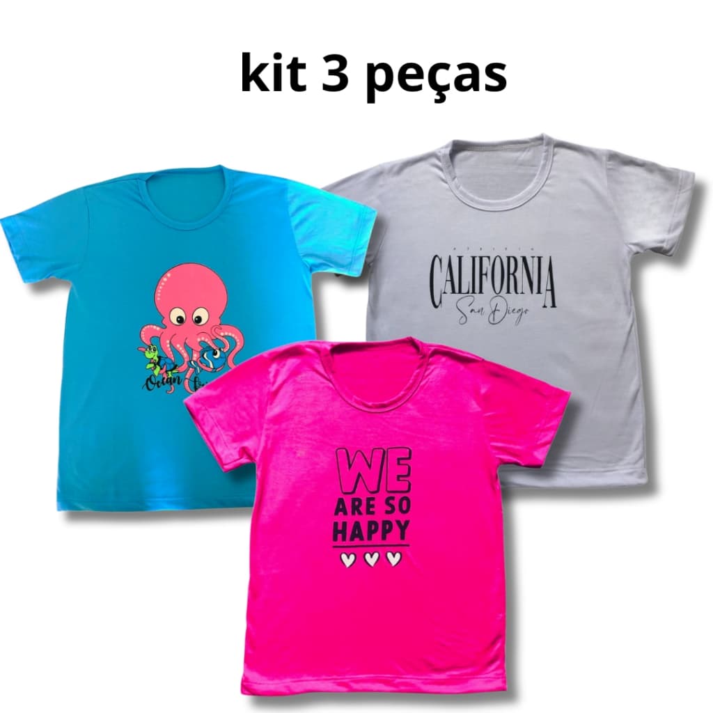 Kit 3 camisetas infantil menina sortido - Blusa de menina estampada