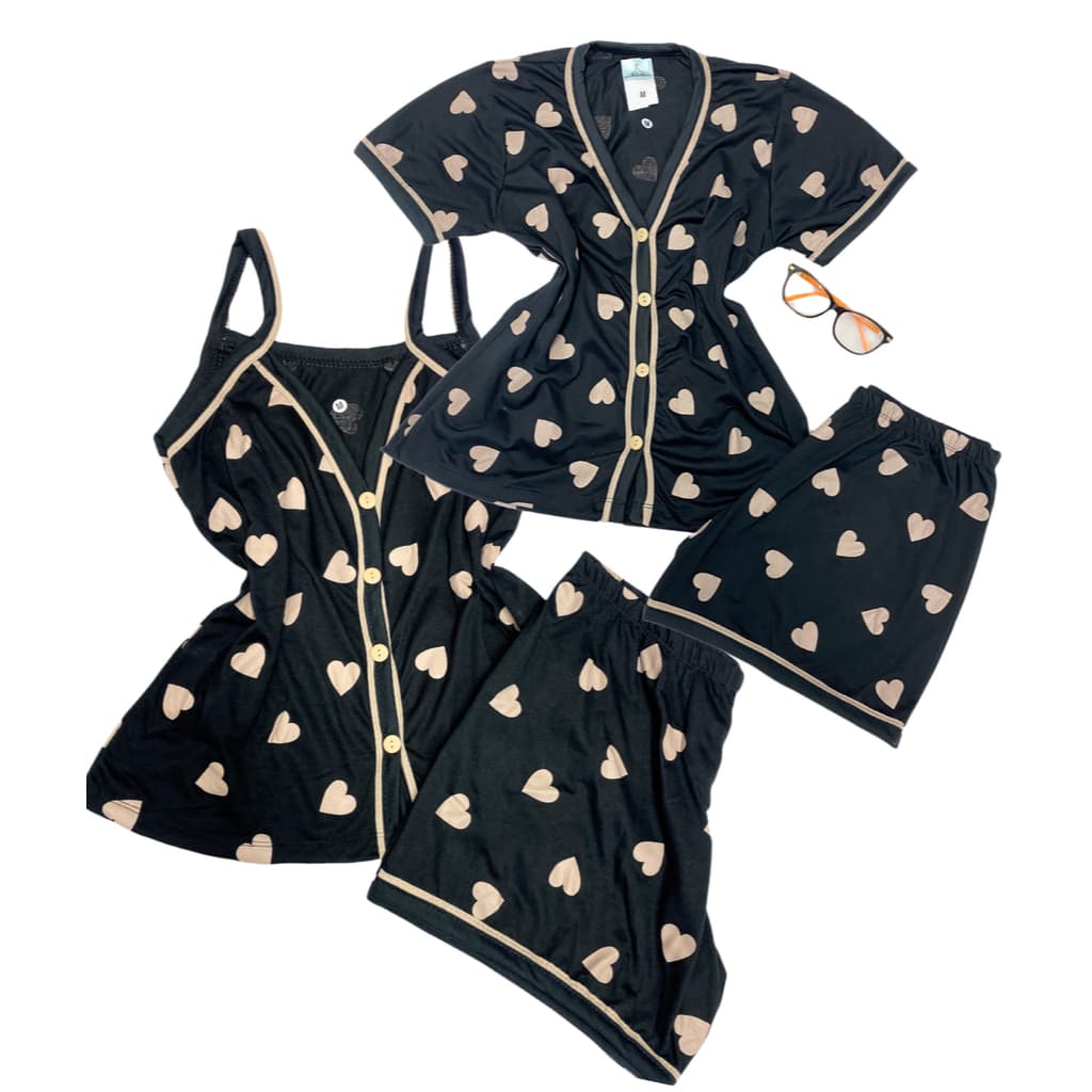 Kit 2 Conjuntos de Pijamas Feminino Gola V e Alça Short Doll Americano Com Botões Amamentação Verão