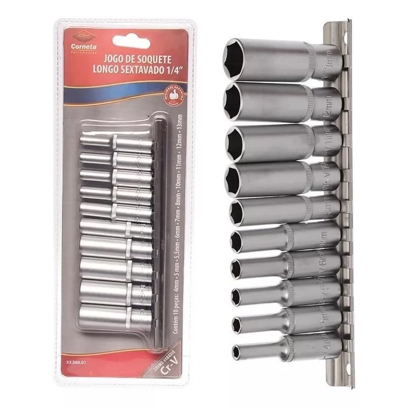 Jogo Soquete Pito Sextavado 1/4 Longo De 4 a 13 mm Com 10 Peças Corneta