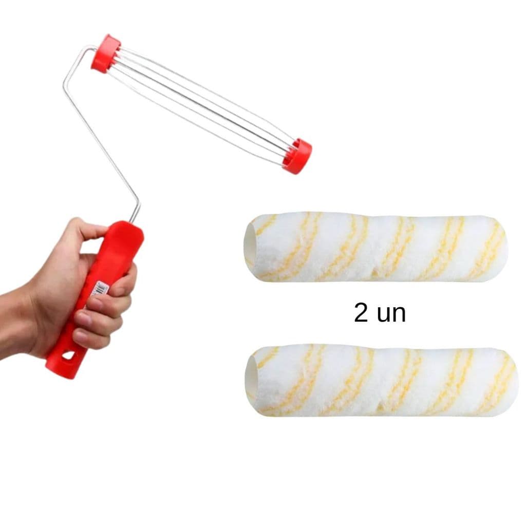 Kit Suporte Garfo Para Rolo + 2 Rolos de Pintura 10mmx23cm Antigota Lã Poliamida