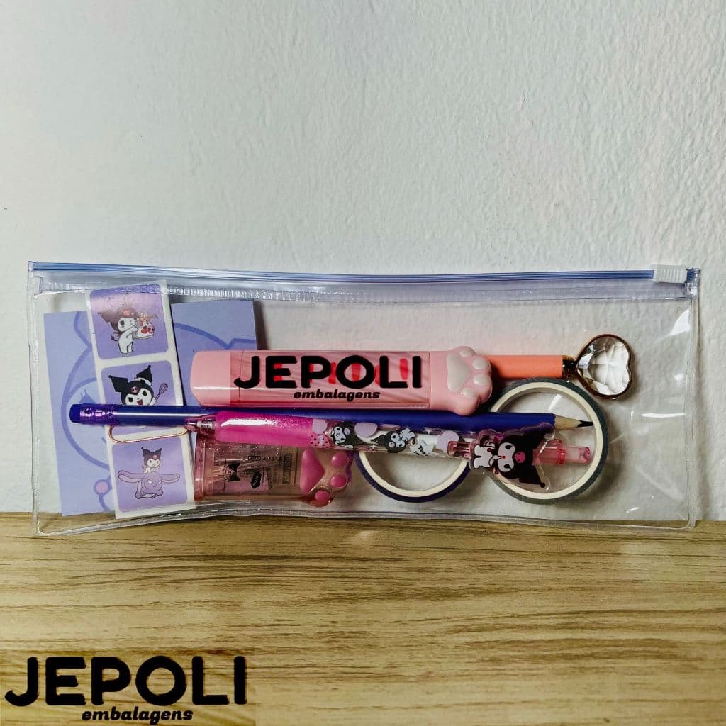 Kit 3 Estojos Pvc Tranparente 24cm x 09cm Com Zipzap Reforçado