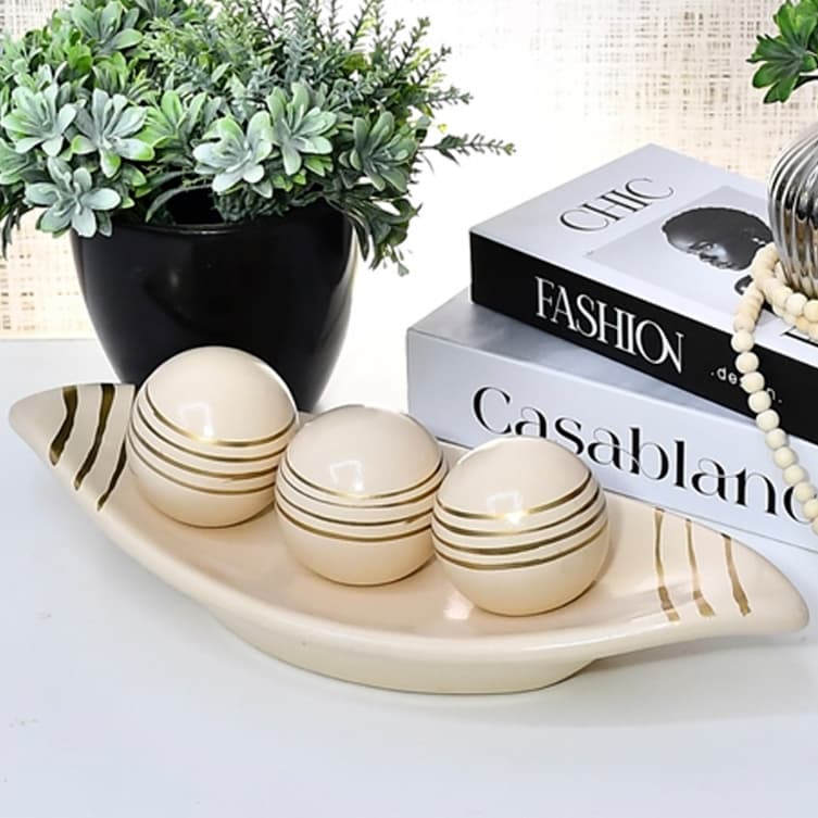 Centro Mesa Prato Decorativo kit 3 Bolas Enfeite Sala Ceramica Enfeite rack louça decoração moderno