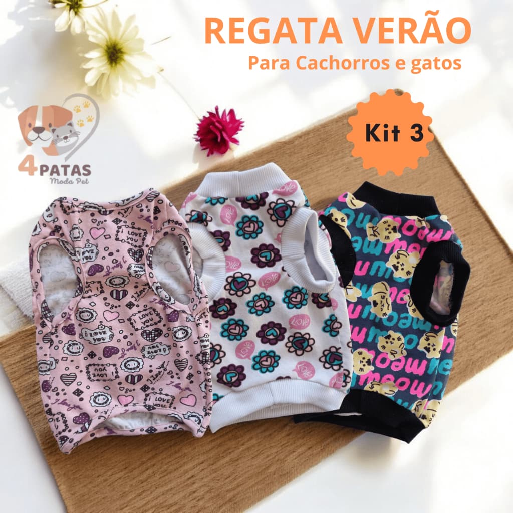 Kit 3 Roupinhas Femea e Macho para Pets Com Qualidade Regatas de Cachorro Gatos Verão  4 Patas Moda