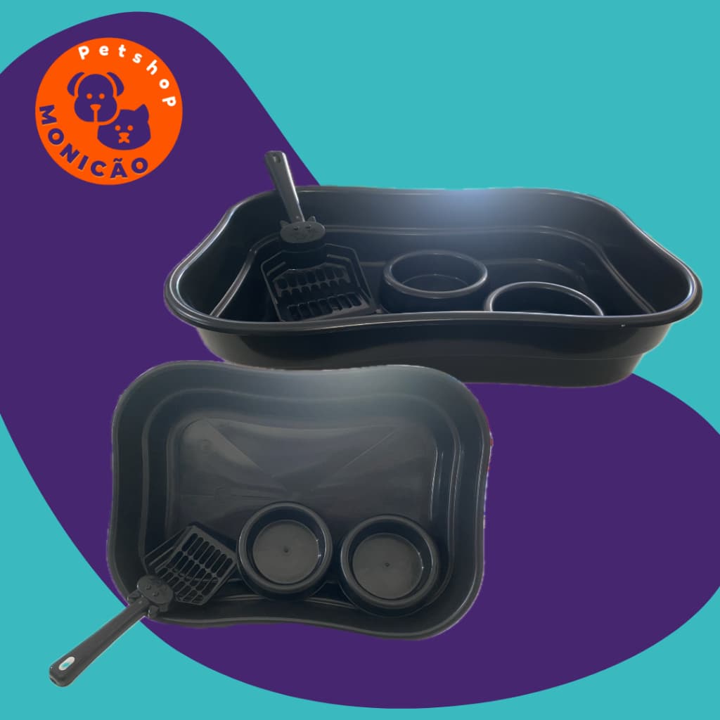 Kit Caixa de Areia Higiênico Preta para Gatos com Pá, Comedouro, Bebedouro e Banheira