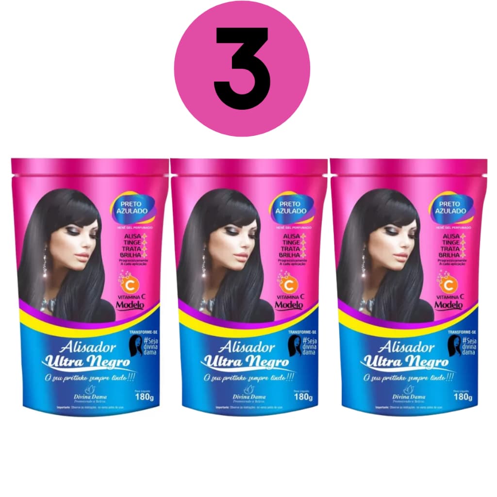 Kit C/ 03 Henê Gel Modelo Alisador Ultra Negro Preto Azulado 180g Divina Dama
