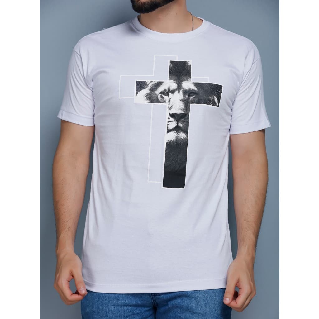 Camiseta Manga Curta Gola Redonda Estampa Jesus Lion 100% Algodão