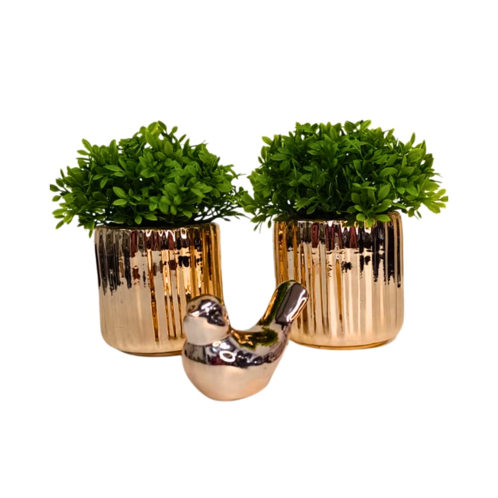 Kit 2 Vasos + Passarinho Decorativo Com Planta Artificial