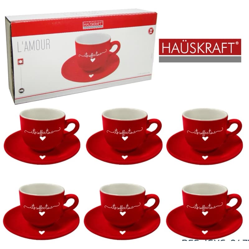 JOGO COM 6 XÍCARAS E 6 PÍRES DE PORCELANA PARA CAFE ITS COFFEE TIME L'AMOUR HAUSKRAFT 12 PEÇAS 90ML