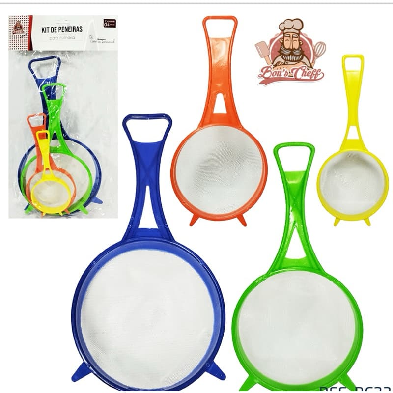 KIT COM 4 PENEIRAS DE COZINHA CABO PLÁSTICO 13,5/11,5/8/6CM DE Ø