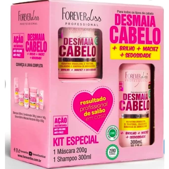 KIT ESPECIAL DESMAIA CABELO FOREVER LISS COM SHAMPOO 300ML E MÁSCARA 200 Gramas