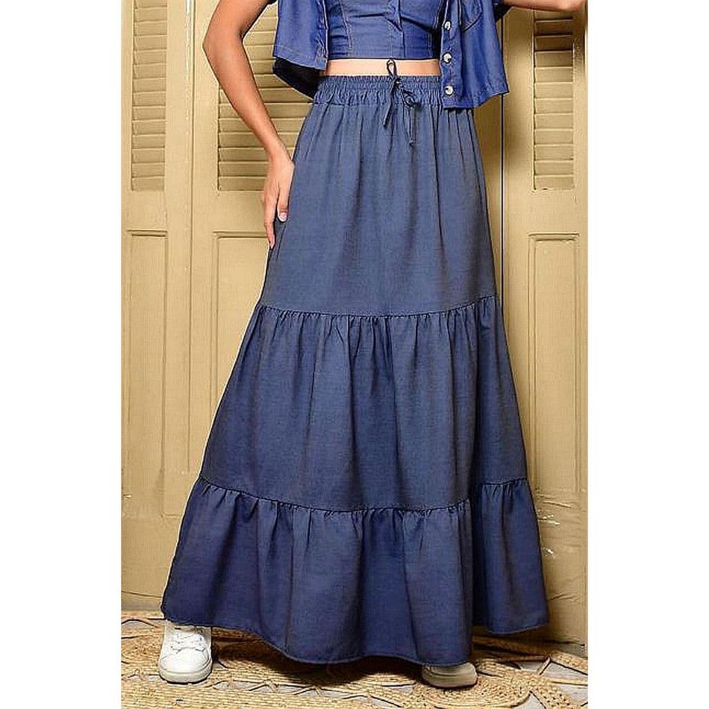 Saia Jeans Evangélica Longa Três Marias Com Cintura Alta e Elastico  decorativos  envio imediato