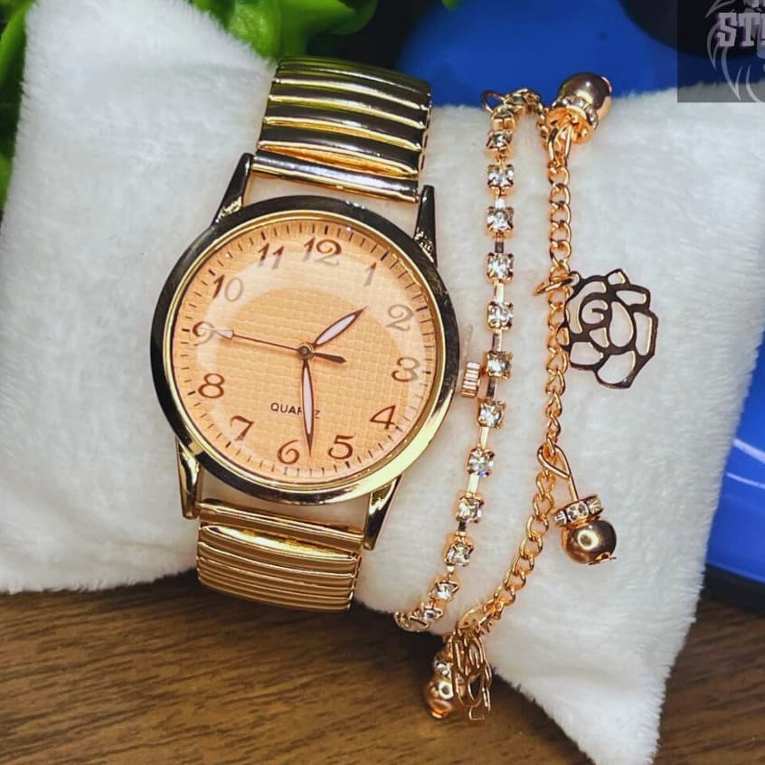 Relógio Feminino de Pulso Quartz Pulseira Elástica Analógico Redondo Dourado e Rose Preto Prata