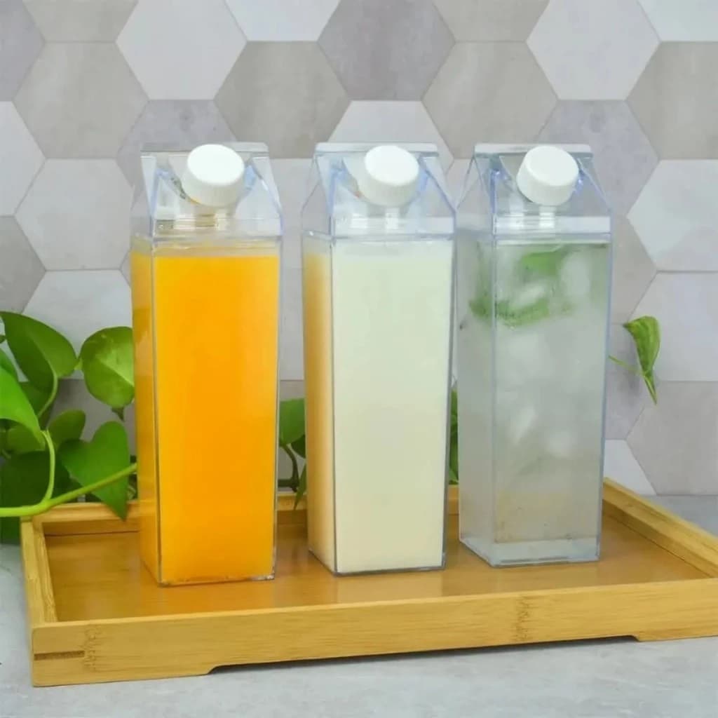 Garrafa Acrílico Transparente Em Formato Caixa Leite Portátil Geladeira 1000ml