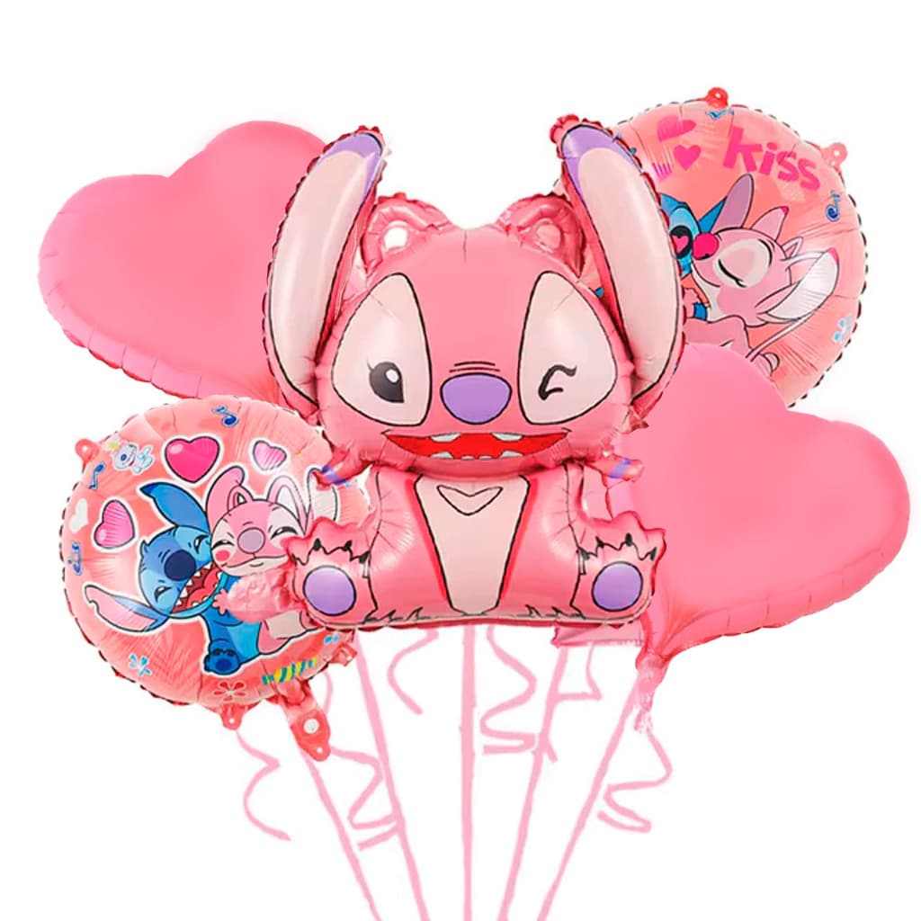 Kit 5 Balão Metalizado Angel Lilo Stitch E Coração Rosa