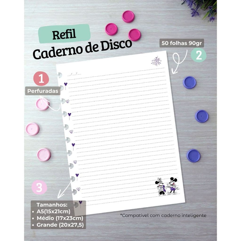 REFIL PARA CADERNO DE DISCOS VARIOS TAMANHOS DISNEY 100 ANOS - COMPATÍVEL COM CADERNO INTELIGENTE