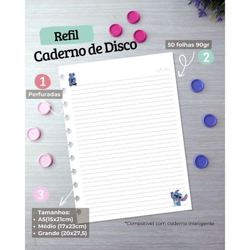 REFIL PARA CADERNO DE DISCOS LILO E STITCH - VARIOS TAMANHOS - COMPATÍVEL COM CADERNO INTELIGENTE