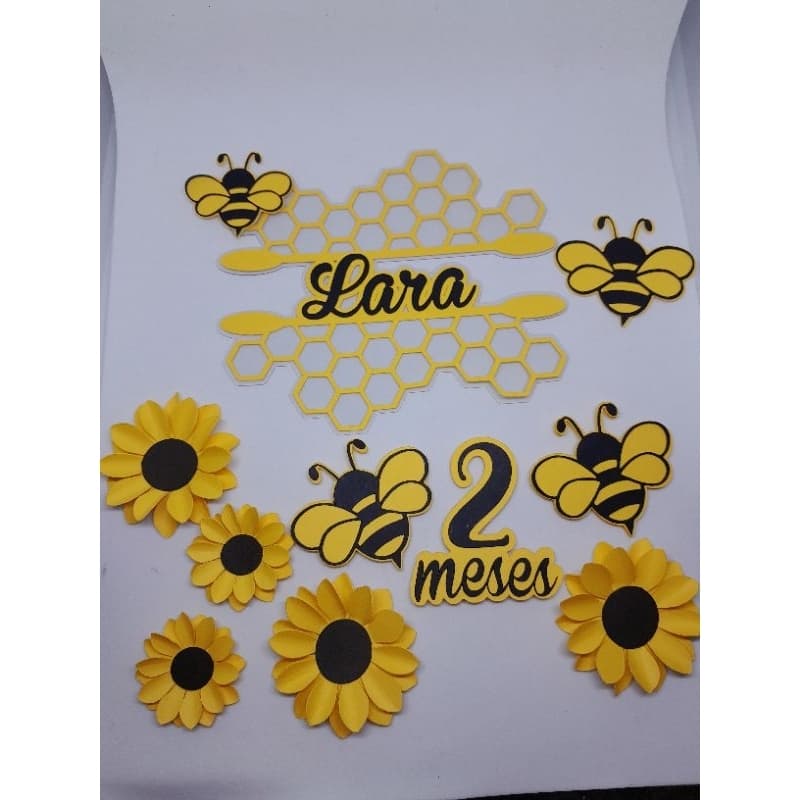 Topo de bolo abelhinha girassol flores abelha personalizado aniversário festa mesversario