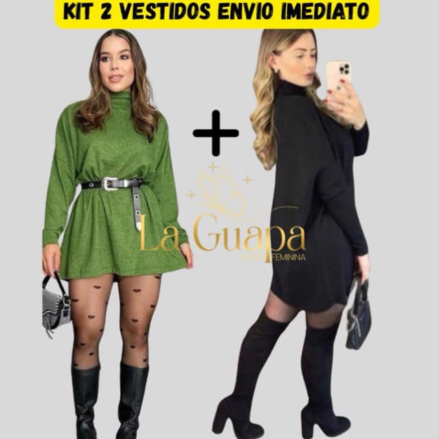 Kit 2 Vestido Feminino Cacharrel Manga Longa Poncho Lã Estiloso