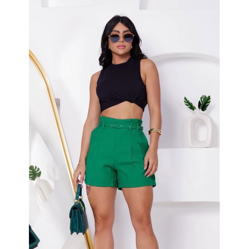 Short Feminino com Cinto Social Cintura Alta tecido marretes