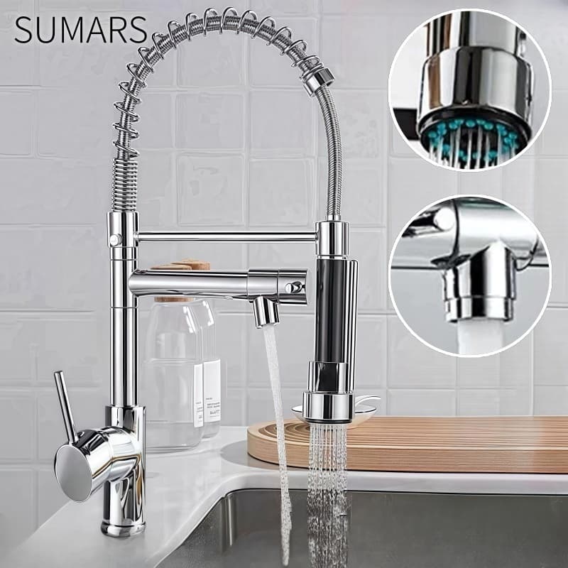 Torneira Cozinha Gourmet Manípulo Duplo Aços Inox Com Spray Extensor Prata Superior Tubo de água Flexível para Ajustar