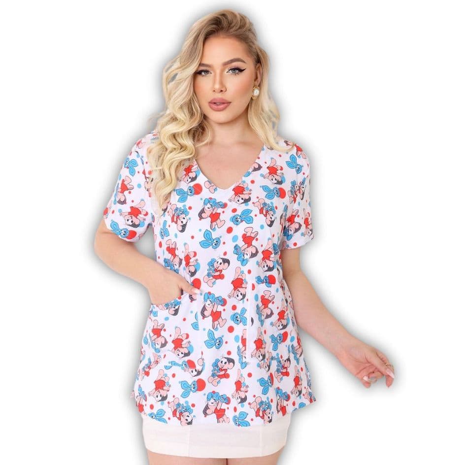 Scrub Blusa Bata Feminina Pijama Cirúrgico com Bolsos Funcionais Estampado Personagem Mônica Branca