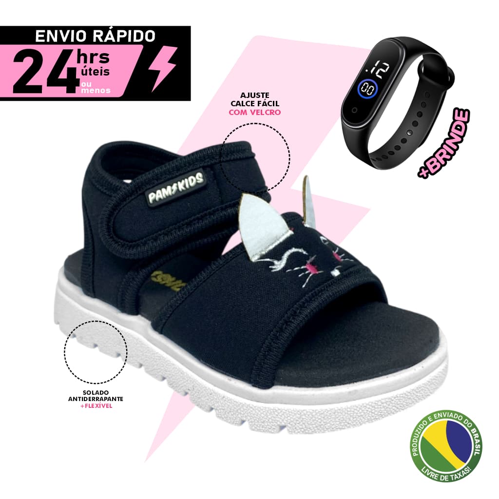 Sandália Menina infantil calce fácil Pam Kids Com Velcro Bordado gatinha preta acompanha Relógio