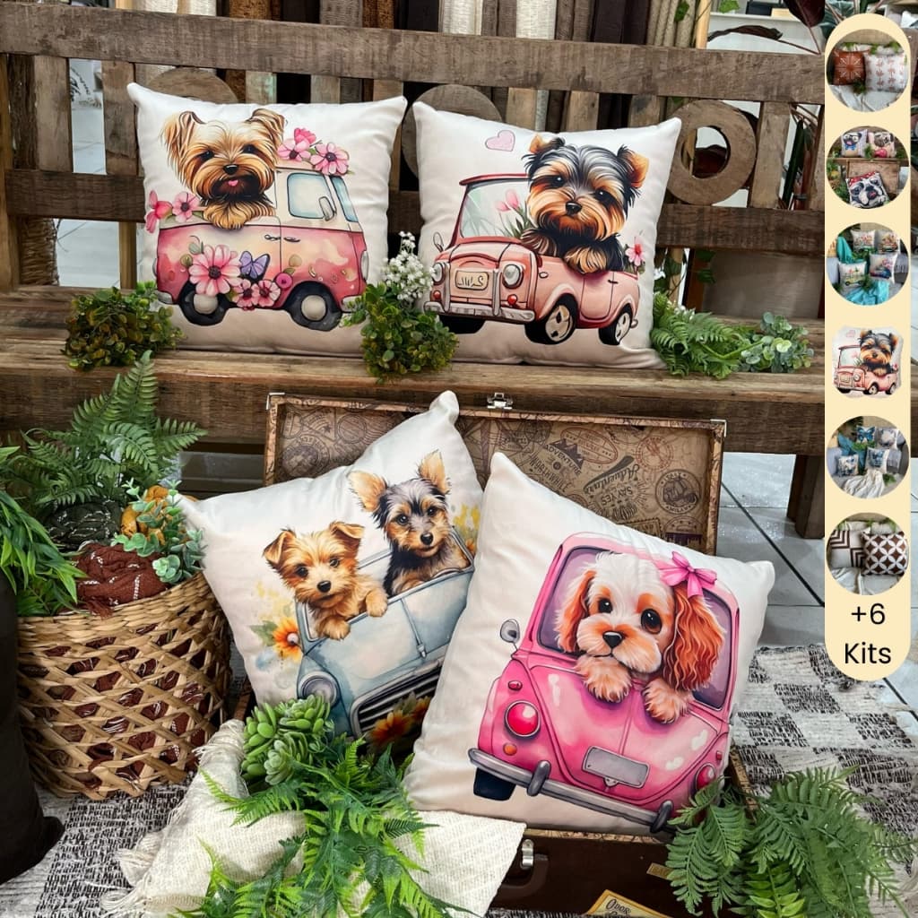 Kit com 4 Capas para Almofadas 45x45cm Decorativas em Veludo com Pet Cachorros para Sofá e Cama