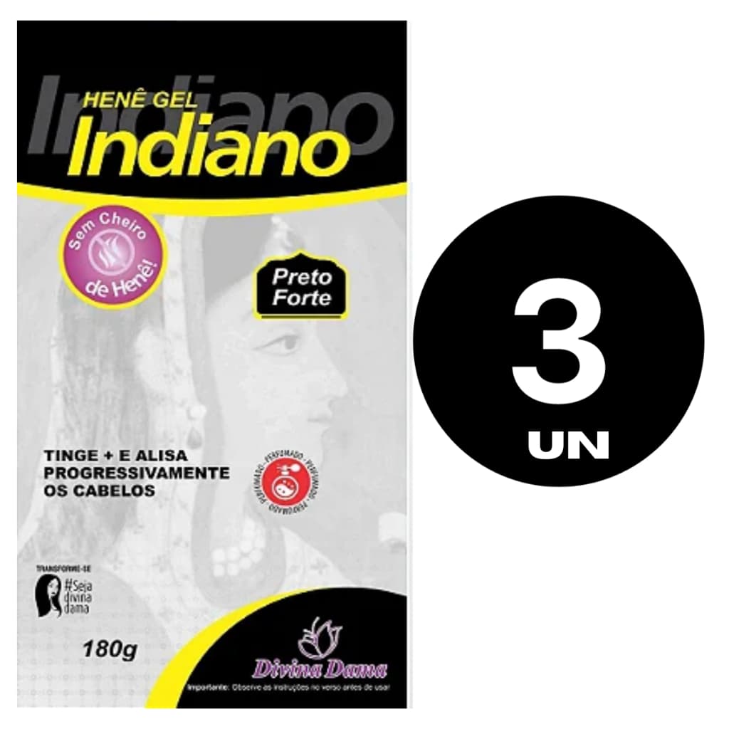 Kit C/ 03 Indiano Henê Gel 180g Preto Forte Pouch Divina Dama