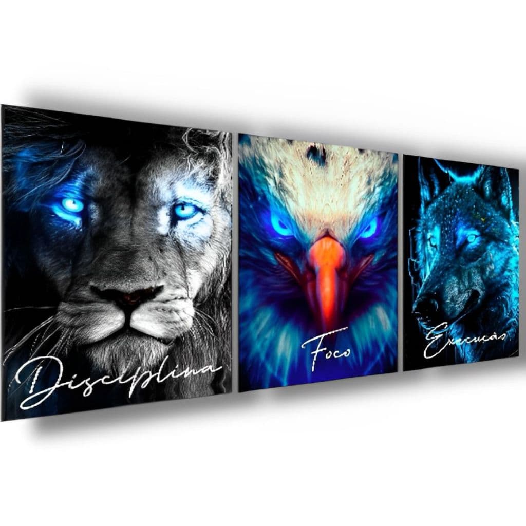 Quadros Decorativos Grande Sala Quarto  Leão Águia Lobo Azul Disciplina Motivacional