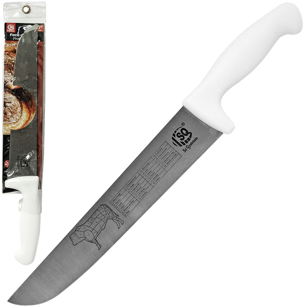 FACA DE CARNE / ACOUGUEIRO DE INOX 10'' CABO PLASTICO BRANCO PROFISSIONAL ASHORIA