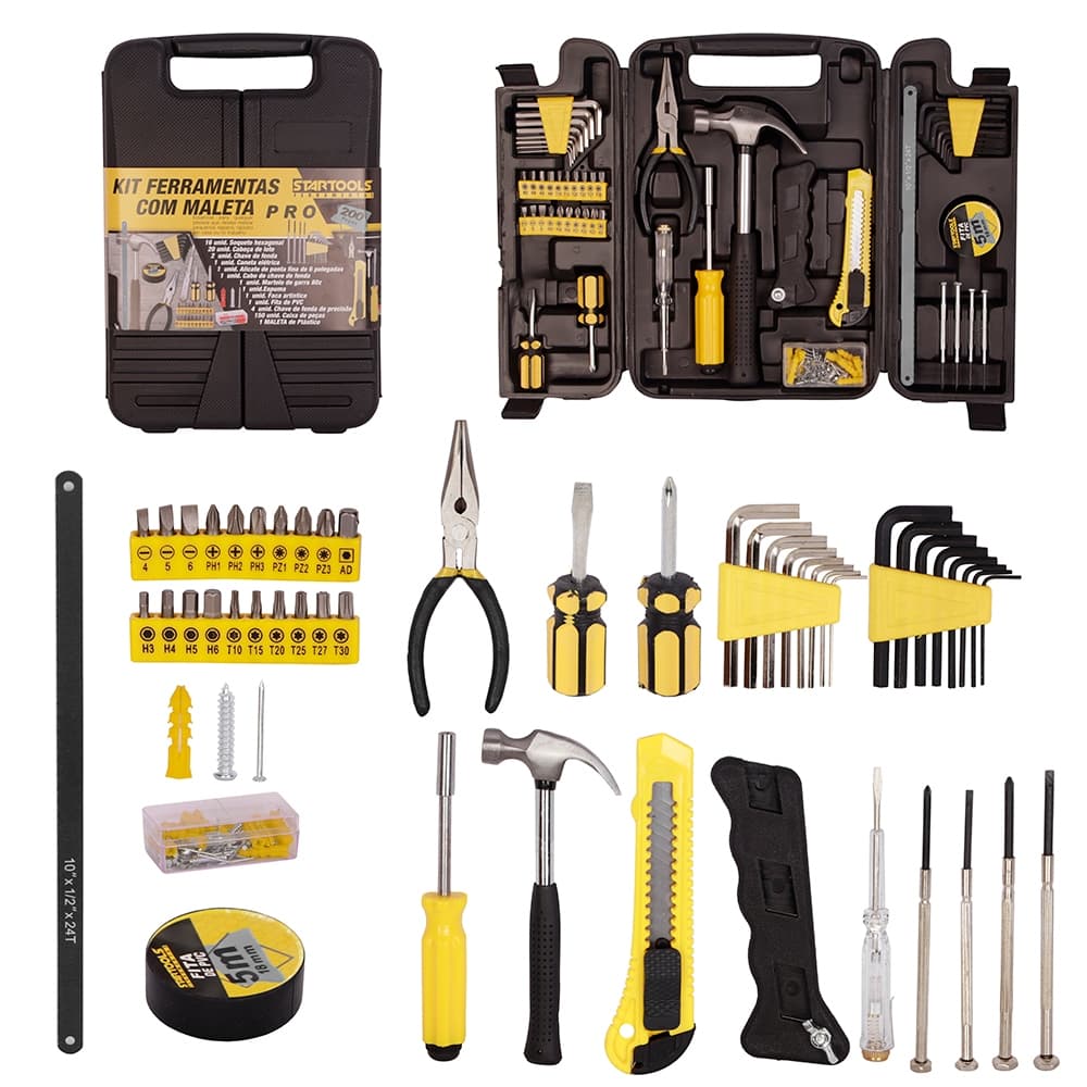 KIT FERRAMENTA COM MARTELO + ALICATE E ACESSORIOS PRO 200 PECAS NA MALETA FRM