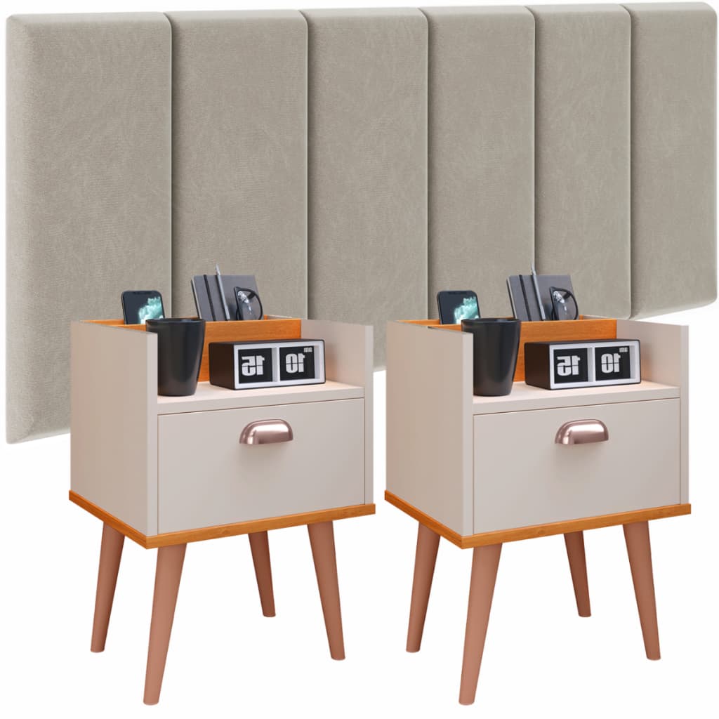 Conjunto Quarto Casal Kit 2 Mesa De Cabeceira Cor Bege Off White/Cinamomo Cabeceira Queen 1,60