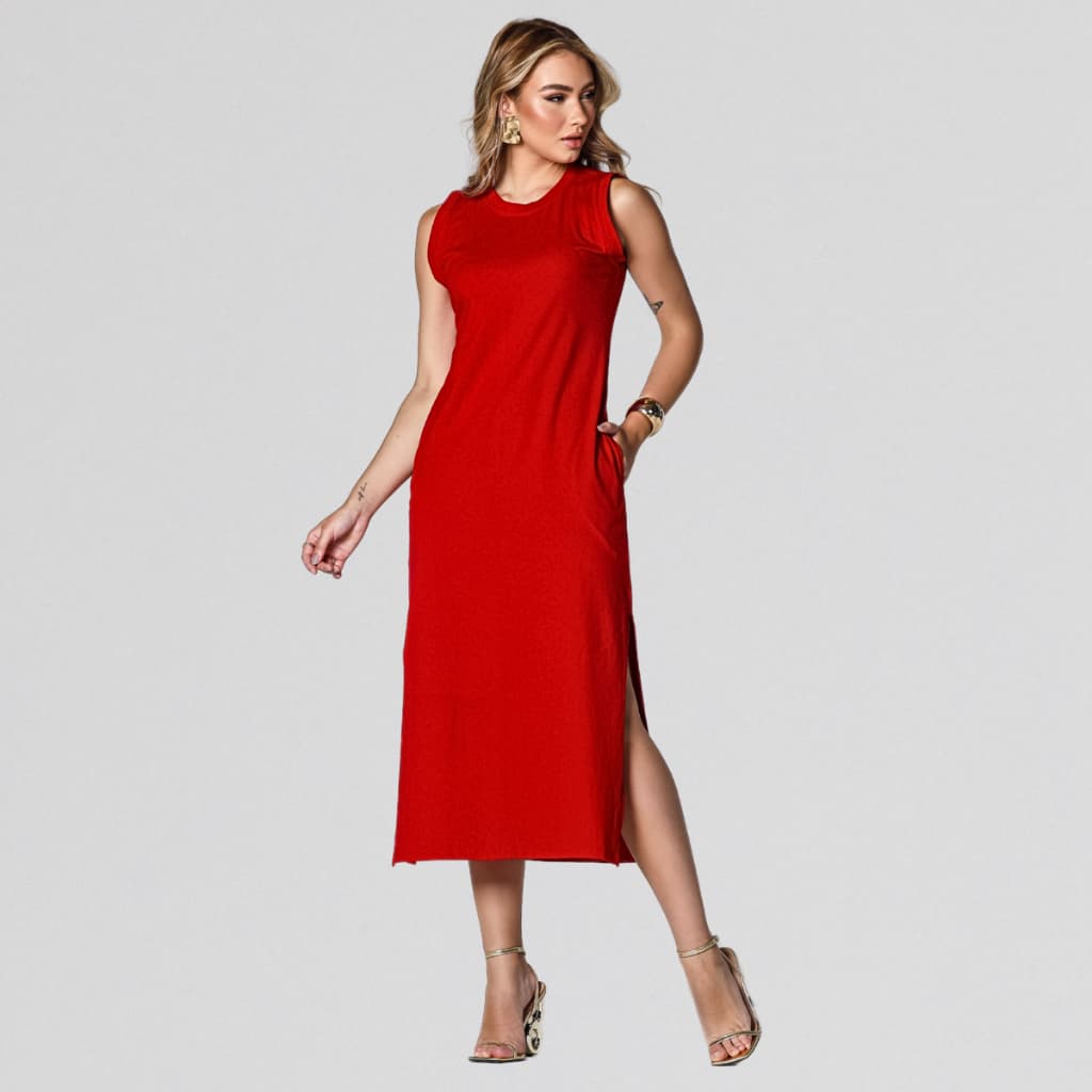 Vestido Casual Basico Algodao Midi Sem Manga