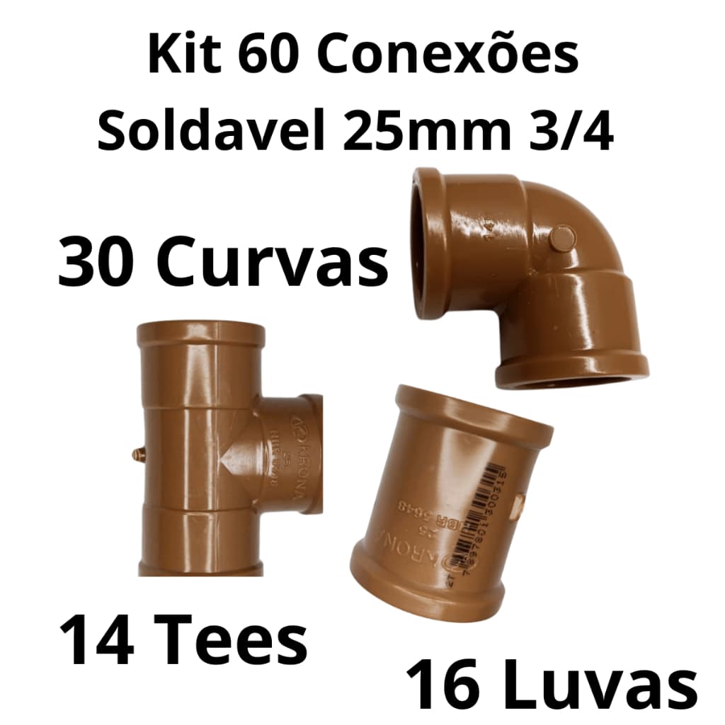 Kit 60 Conexões Pvc Soldável 25mm 3/4 Hidraulica Água Fria  30 Joelhos 16 Luvas 14 Tees  KRONA