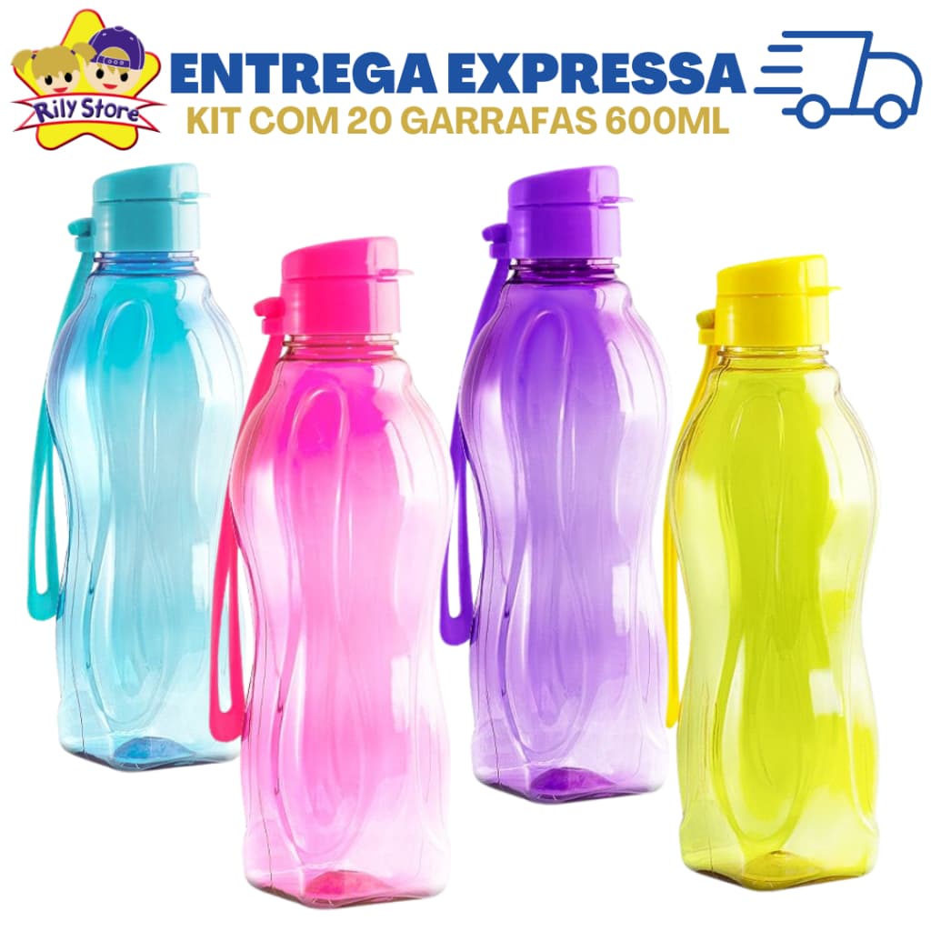 Kit com 20 Garrafas Squeeze 600 ML de Água, Academia, Esportes + Diversas Cores