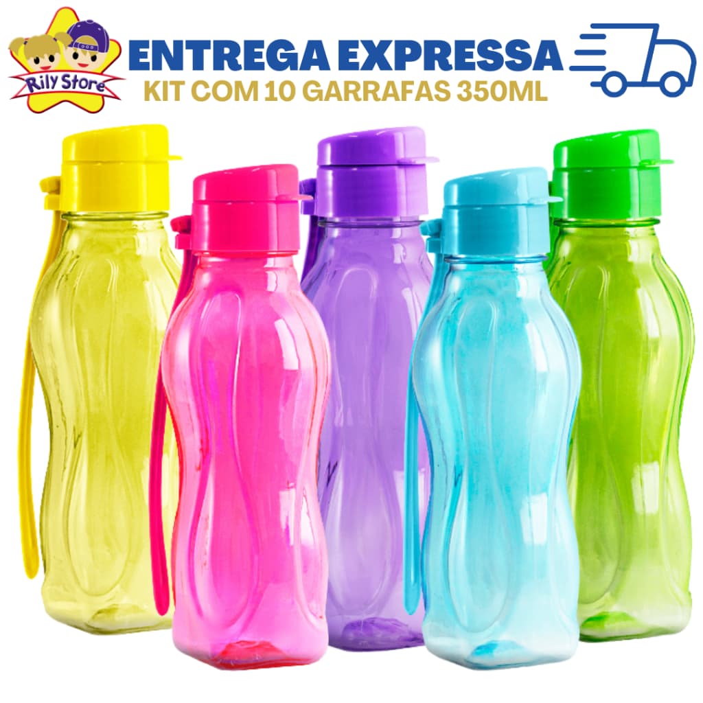 Kit com 10 Garrafas Squeeze 350 ML de Água, Academia, Esportes + Diversas Cores